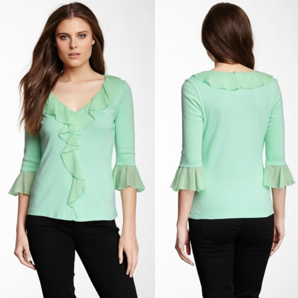 Barbara Lesser, Ruffle Trim V-Neck Top, Green, M - Picture 1 of 7